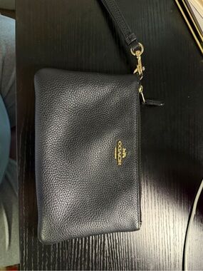 Coach Black Pebbled Leather Wristlet with Gold Hardware